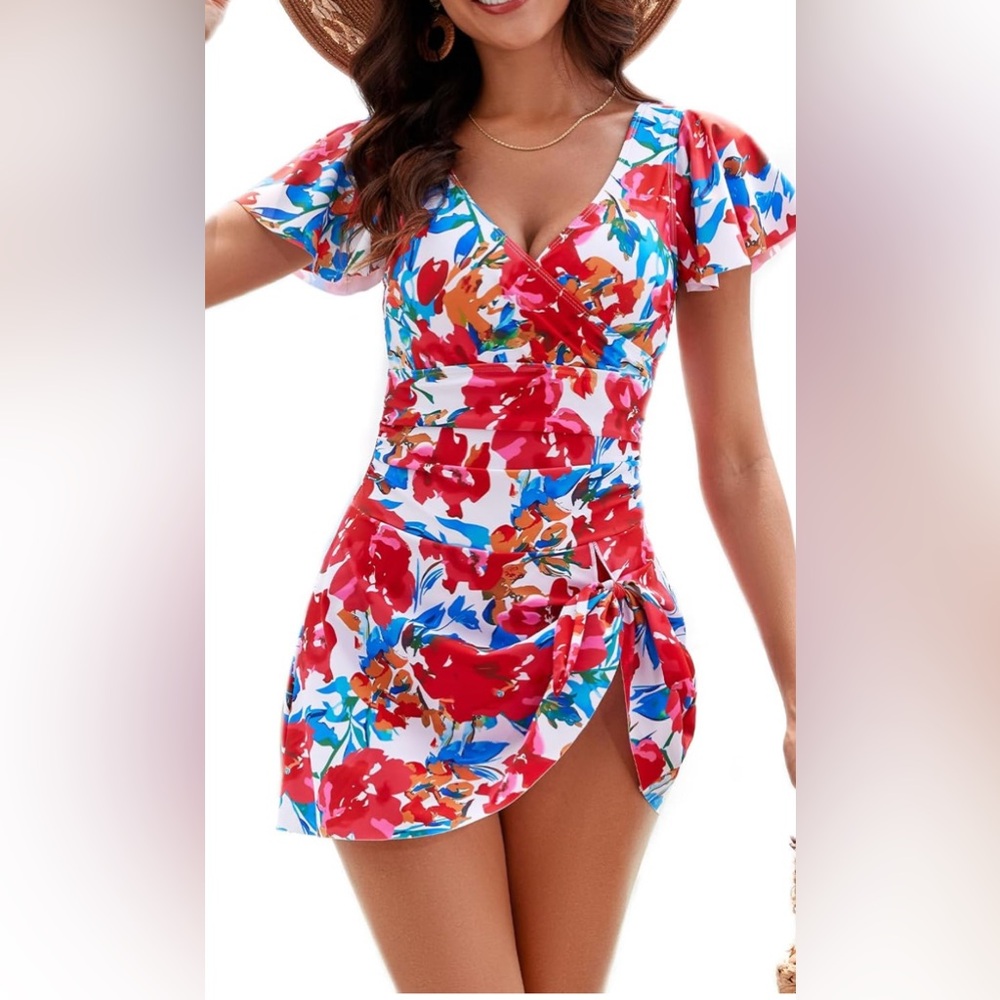 Floral Wrap Dress with Red and Blue Print